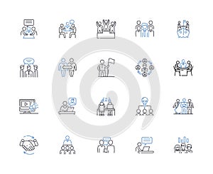 Camaraderie line icons collection. Bonding, Unity, Fellowship, Loyalty, Conviviality, Harmony, Togetherness vector and photo