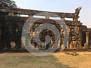 Cambodia Architecture. Bas-relief. Battle with elephants along the Terrace of Elephants. Wall Carving in Angkor Thom