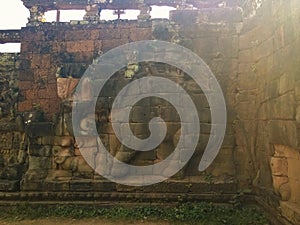 Cambodia Architecture. Bas-relief. Battle with elephants along the Terrace of Elephants. Wall Carving in Angkor Thom