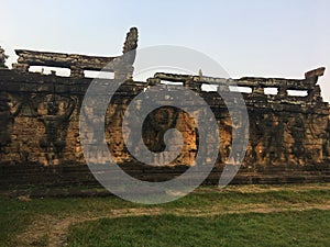 Cambodia Architecture. Bas-relief. Garuda carvings in the walls along the Terrace of Elephants. Wall Carving in Angkor Thom