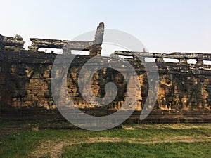 Cambodia Architecture. Bas-relief. Garuda carvings in the walls along the Terrace of Elephants. Wall Carving in Angkor Thom