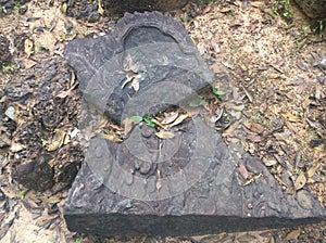 Cambodia Architecture. Bas-relief. A rough-carved figure on the frontage of the Terrace of the Leper King. Wall Carving