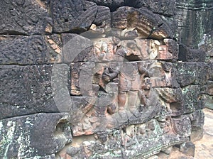 Cambodia Architecture. Bas-relief. Wall Carving in Angkor Wat Complex Siem Reap