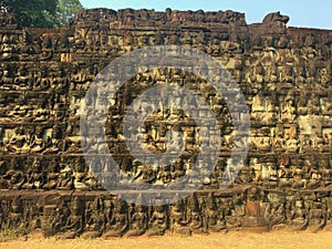 Cambodia Architecture. Bas-relief. Wall Carving in Angkor Wat Complex Siem Reap