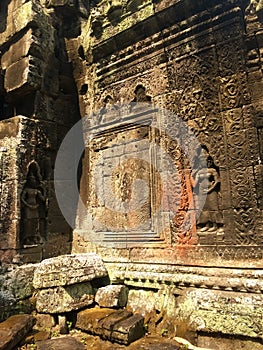 Cambodia Architecture. Bas-relief. Wall Carving in Angkor Wat Complex Siem Reap