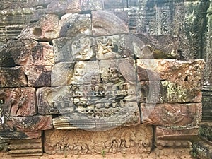 Cambodia Architecture. Bas-relief. Wall Carving in Angkor Wat Complex Siem Reap