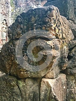 Cambodia Architecture. Bas-relief. Wall Carving in Angkor Wat Complex Siem Reap