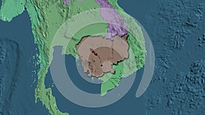 Cambodia border shape overlay. Bevelled. Administrative.