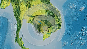 Cambodia border shape overlay. Bevelled. Topographic.