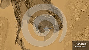 Cambodia border shape overlay. Outlined. Sepia elevation. Labels