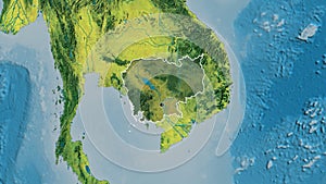 Cambodia border shape overlay. Outlined. Topographic.