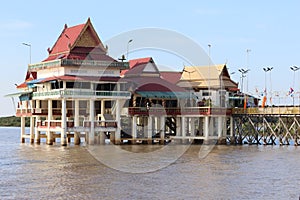 Cambodia. Buddhist temple on stilts, on Tonle Sap lake in Chang Kneas village.