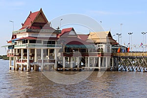 Cambodia. Buddhist temple on stilts, on Tonle Sap lake in Chang Kneas village.