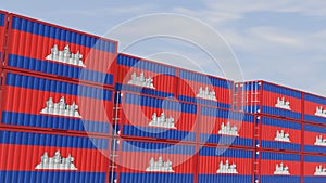 Cambodia flag containers are located at the container terminal. Concept for Cambodia import and export 3D