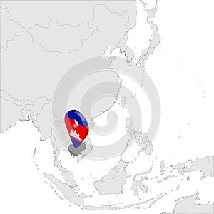 Cambodia Location Map on map Asia. 3d Cambodia flag map marker location pin. High quality map  Kingdom of Cambodia. Southeast Asia