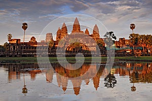 Cambodia, Siem Reap, Angkor Wat Temple with sunset sky