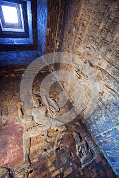 Cambodia. Siem Reap. Carved stone patterns on temple walls Banteay Srey Xth Century, inside view