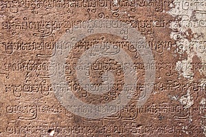 Cambodia. Siem Reap. Sanskrit religious inscriptions on temple walls Banteay Srey Xth Century