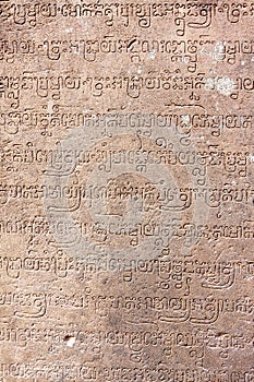 Cambodia. Siem Reap. Sanskrit religious inscriptions on temple walls Banteay Srey Xth Century