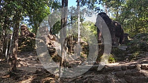 Cambodia.  Statues of the Elephant and Lions on Mount Kulen.