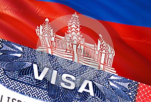 Cambodia Visa Document, with Cambodia flag in background. Cambodia flag with Close up text VISA on USA visa stamp in passport,3D