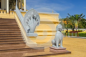 Cambodian seven-headed naga and a lion at the Royal Palace in Phnom Penh