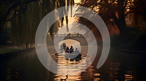 Cambridge, United kingdom - Boats floating in a row and people enjoying punting on river during autumn sunset at