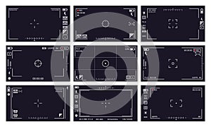 Camcorder viewfinder interface. Camera viewfinder, digital display video quality, rec time, battery. Cam viewfinder