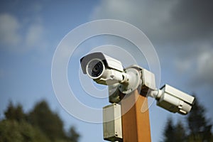 Camcorders on the pole. Security system. Outdoor surveillance video camera.