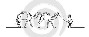 Camel caravan, camelcade. Minimalist white vector sketch