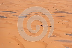 A camel caravan crossing the desert of Erg Chebbi