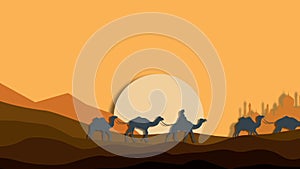 Camel caravan in the desert, animation