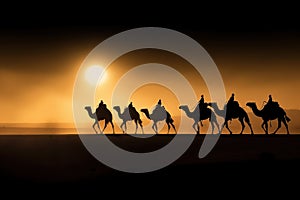 Camel caravan through desert dunes at sunset. Amazing African Wildlife. Generative Ai