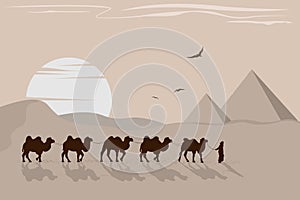 Camel caravan, desert landscape with pyramids, sunset, sunrise.