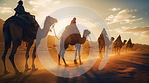Camel caravan in the desert of Sahara at sunset