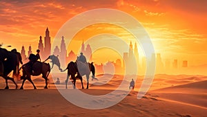 Camel caravan in the desert at sunset, 3d render illustration, Camel caravan on sand dunes in the Arabian desert with the Dubai