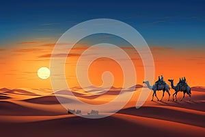Camel caravan in the desert at sunset. 3D rendering, Camelcade on sand dune at desert, AI Generated