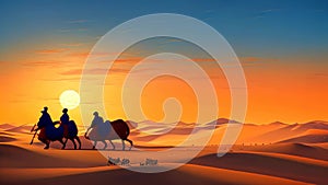 Camel caravan in the desert at sunset. 3D rendering, Camelcade on sand dune at desert, AI Generated