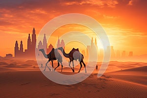 Camel caravan in the desert at sunset, 3d render illustration, Camel caravan on sand dunes in the Arabian desert with the Dubai