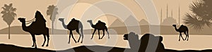 Camel caravan going through the desert