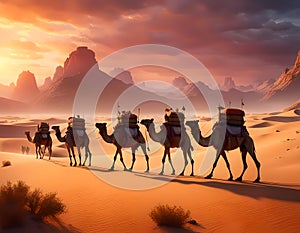 Camel caravan going through desert at sunset