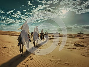 Camel caravan with a man in the desert panoramic view