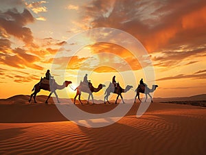 Camel caravan with a man in the desert panoramic view