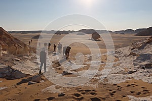 Camel Caravan with men hiking through the western desert in Egypt n Bahariya oasis