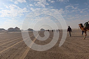 Camel Caravan with men hiking through the western desert in Egypt n Bahariya oasis