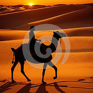 Camel caravan with people going through the sand dunes.