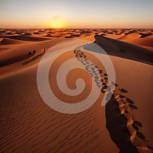 Camel caravan with people going through the sand dunes.