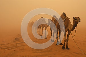 Camel caravan through the sahara desert .Generative Ai