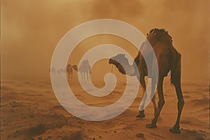 Camel caravan through the sahara desert .Generative Ai