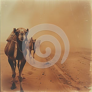 Camel caravan through the sahara desert .Generative Ai